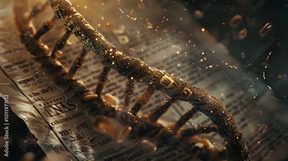 Poster dna strand embedded with historical data and floating imagery representing preservation of history t