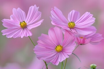 Obraz premium Delicate pink cosmos flowers with yellow centers bloom in soft focus.