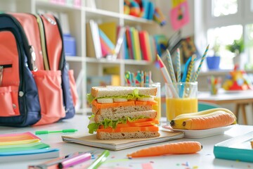 School sandwich. Healthy school lunch box with snack and salad at desk. Colorful school supplies, books, backpack, banana and a glass of juice. Back to school. No people. Kids take away food box.