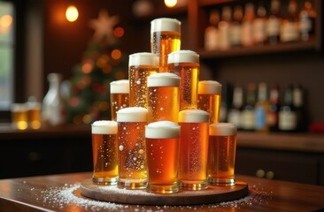 A Christmas tree crafted from stacked beer glasses, arranged in a pyramid shape, with frothy bubbles and condensation on the glasses for added texture, against a festive pub background.