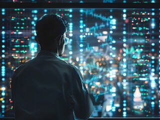 Scientist Examining Holographic DNA Sequence Data for City Infrastructure