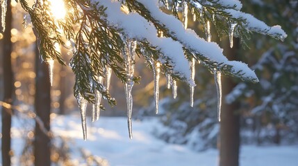 Snowy fir tree branches sparkle with melted snow and icicles in the winter forest, signaling the arrival of spring.