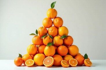 A creative display of citrus fruits stacked in a pyramid to form a festive tree, ideal for health-conscious holiday designs or fresh produce promotions