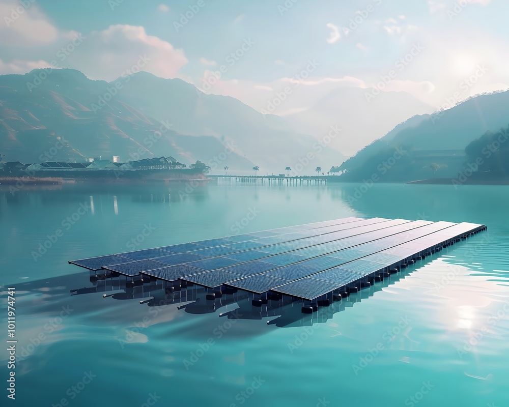 Canvas Prints floating solar farm on serene lake generating clean energy for nearby towns