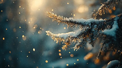 Snowy fir tree branches sparkle with melted snow and icicles in the winter forest, signaling the arrival of spring.