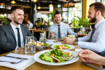 A group of employees eating pizza at the company canteen during their lunch break. People, job, company, business concept.