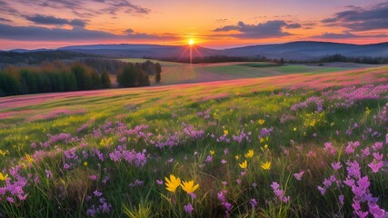 Fototapeta premium Colorful spring sunrise on meadow, Generative with AI.