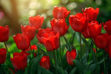 Fototapeta premium A cluster of vibrant red tulips bloom in a lush garden, bathed in soft sunlight.