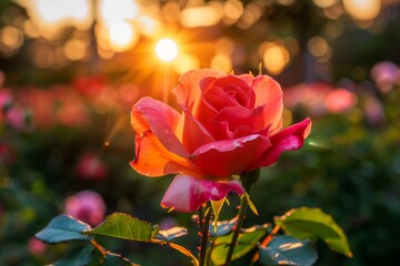 Obraz premium A single pink rose basks in the warm glow of the setting sun, its petals glowing with a soft, delicate light.