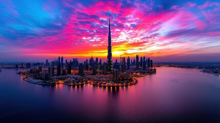 Naklejka premium A photostock images of a vibrant city skyline during the golden hour