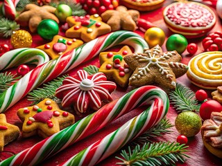 Colorful Assortment of Christmas Candy Canes and Treats on a Festive Red Background for Holidays