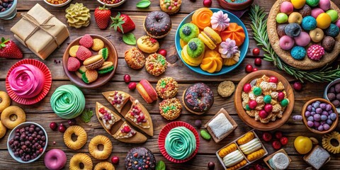 Colorful Assortment of Delicious Sweets and Treats Arranged on a Rustic Wooden Table Setting