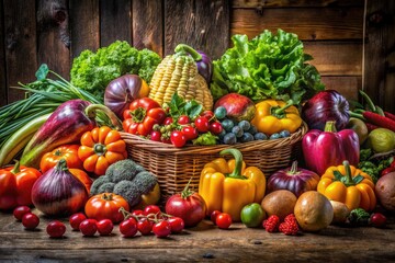 Colorful assortment of fresh fruits and vegetables beautifully arranged on a rustic wooden table