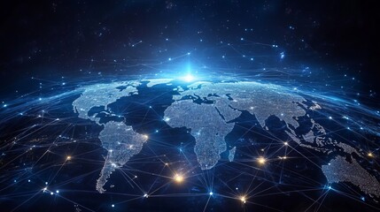 Futuristic backdrop of networking, vast data exchange. Next-gen technologies and web connectivity. World map illumined by lines and dots. 