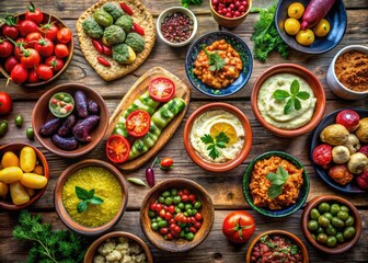 Colorful assortment of traditional meze dishes served on a rustic wooden table for sharing