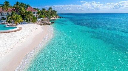 Fototapeta premium A photostock image of a luxurious beachfront resort with white sand, palm trees, and turquoise water