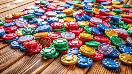 Colorful bingo chips scattered on a wooden table ready for a fun game night with friends and family