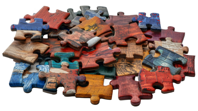 A set of cut-out puzzle pieces in PNG format, showcasing a variety of shapes and interlocking designs. This versatile graphic can be used for educational purposes, creative projects, or as decorative