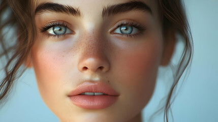 Fototapeta premium Closeup Portrait of a Woman with Blue Eyes and Freckles - 3D Illustration