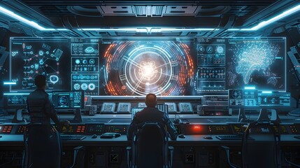 Scientists Decoding Alien Signals in Futuristic Interstellar Communication Control Room