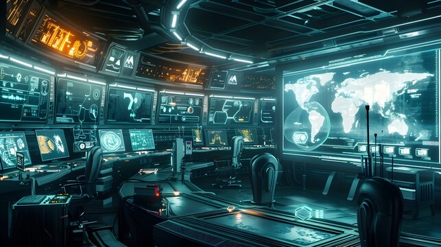 Futuristic Control Room Decoding Interstellar Communication Signal with Holographic Alien Symbols Display