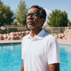 a man in a white shirt stands near a pool