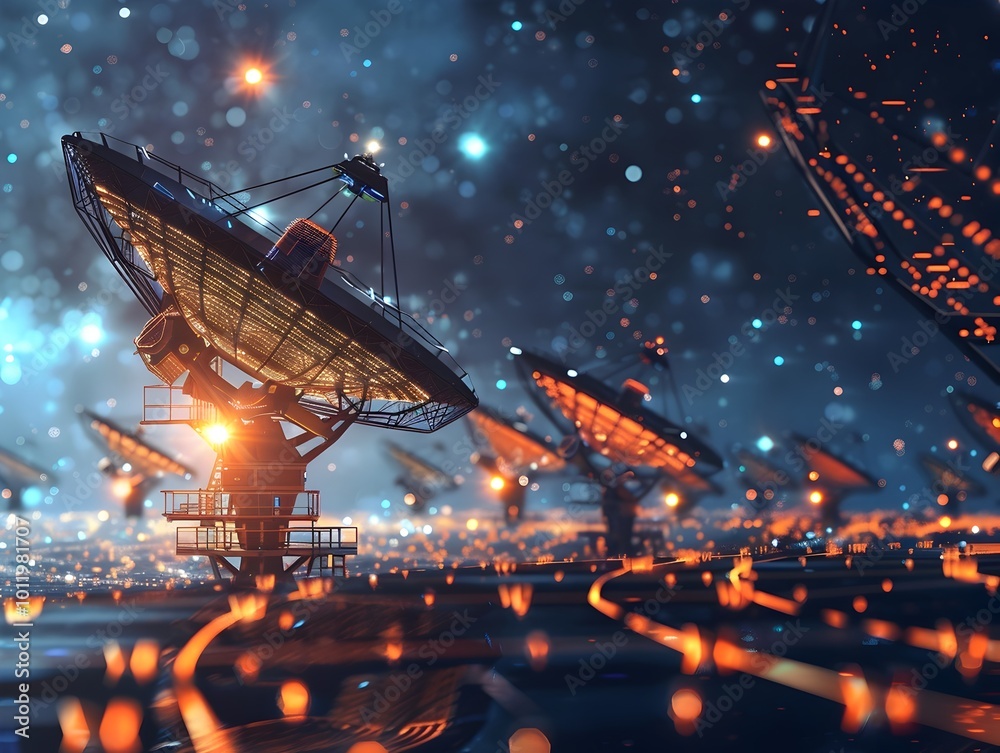 Poster futuristic telescope array capturing deep space signals for interstellar communication