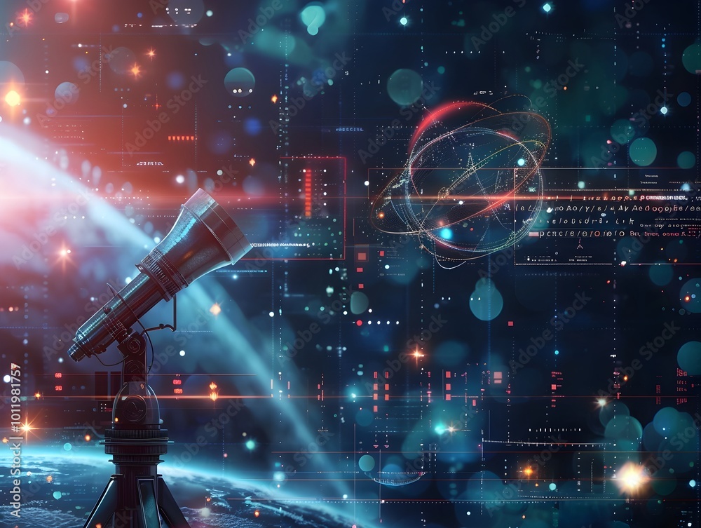 Poster futuristic telescope array capturing faint signals from deep space for interstellar communication re