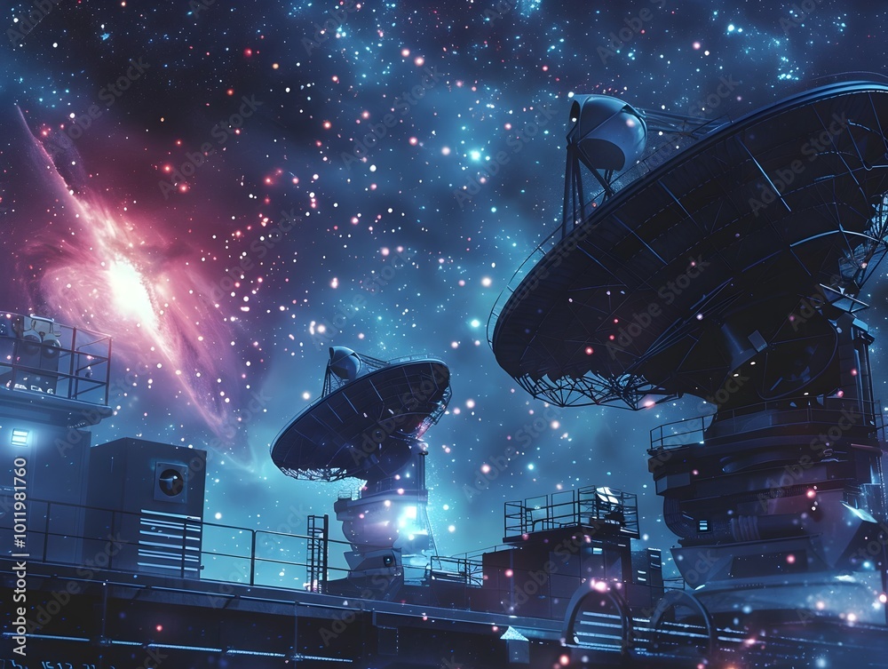 Poster futuristic telescope array capturing faint signals from deep space in high tech lab for interstellar