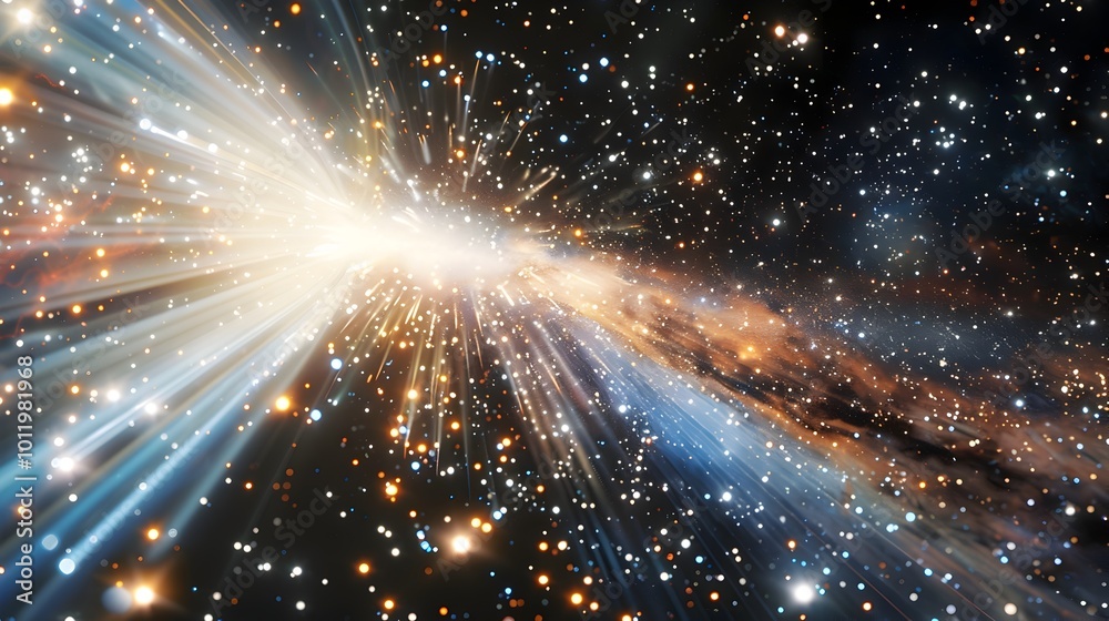 Poster interstellar communication concept with crisscrossing light beams in galaxy representing data flow
