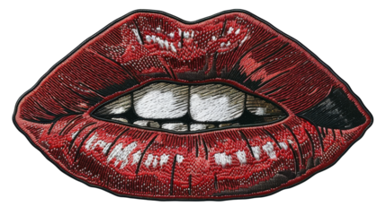 A striking red kiss embroidered patch, skillfully cut out in PNG format, exuding a bold and playful charm. This patch is perfect for adding a fun touch to clothing, accessories, or craft projects