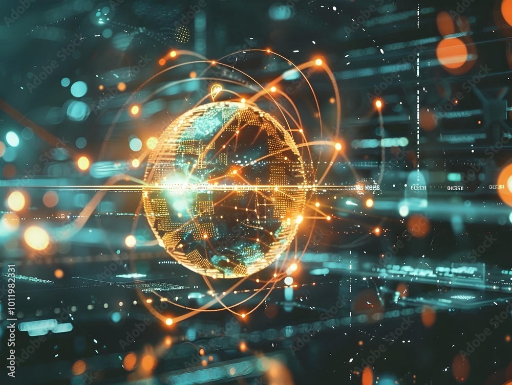 Poster global quantum computing data transfer and internet concept in high tech laboratory