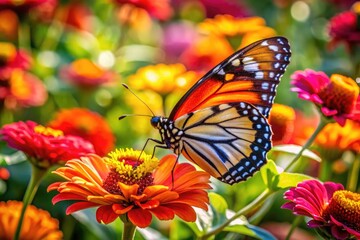 Fototapeta premium Colorful Butterfly Resting on a Vibrant Flower in a Lush Garden Setting Under Bright Sunshine