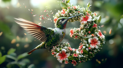 Hummingbird Illustration with Flower Wreath