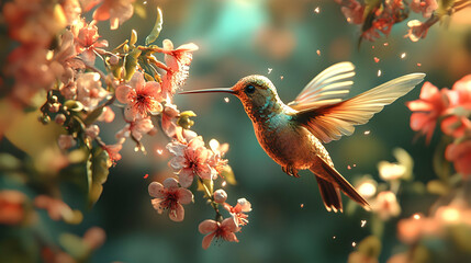 Naklejka premium Hummingbird in Flight Near Pink Flowers Illustration
