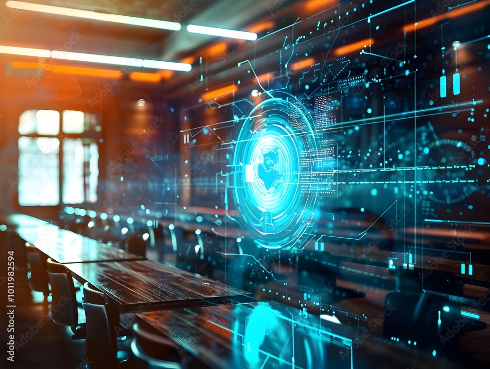 Poster futuristic classroom with quantum powered databases and dynamic holographic displays