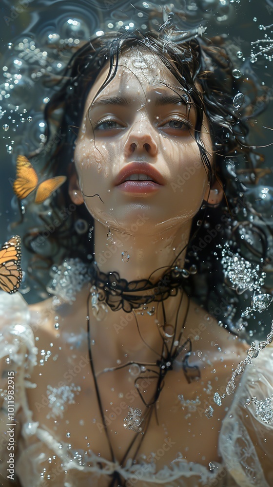 Wall mural Mystical Underwater Portrait of a Woman with Butterflies