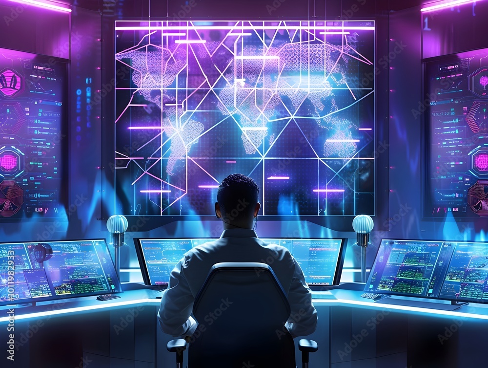 Poster cybersecurity expert monitoring quantum encrypted data streams in futuristic command center