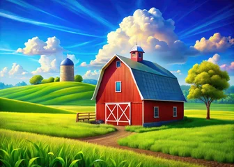 Colorful Cartoon Barn Surrounded by Green Fields and Bright Blue Sky in a Whimsical Landscape Scene
