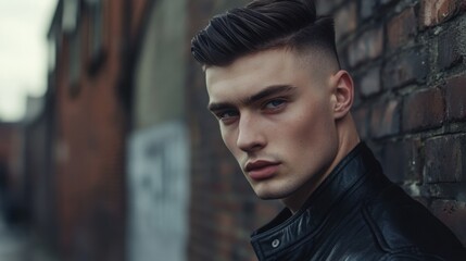 Fototapeta premium fashionable man with a clean undercut and fade hairstyle, standing outdoors with an urban backdrop