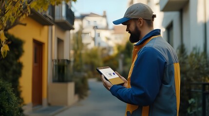 A delivery worker holding a tablet, managing orders and packages in an urban setting, representing logistics and e-commerce services