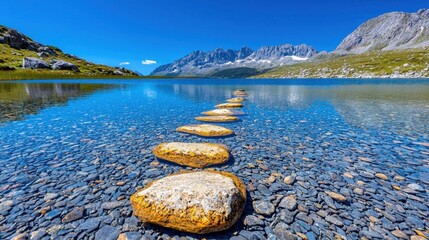 A photostock image of a peaceful alpine lake with crystal-clear water and mountains reflecting in the distance
