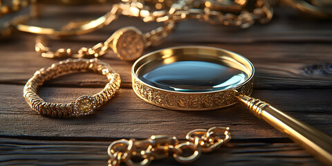 Golden jewelry and magnifying glass on wooden background in pawnshop concept, pawnshop, gold, rings, chain, earrings