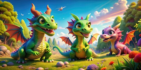 Fototapeta premium Colorful Cartoon Dragons Playing in a Magical Landscape Perfect for Children's Illustrations and Books
