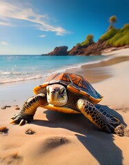 Obraz premium Sea Turtle Crawling on a Sandy Tropical Beach at Sunrise