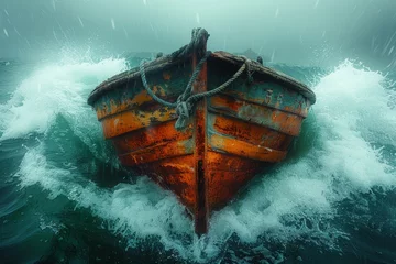 Raging ocean above, serene depths below  a boat anchored firmly amidst the stormy seas