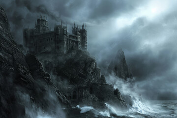 A castle is shown in the distance with a stormy sky and crashing waves