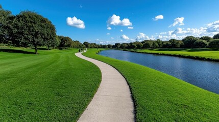 Obraz premium A photostock image of a peaceful riverside park with people walking along the path and enjoying the view
