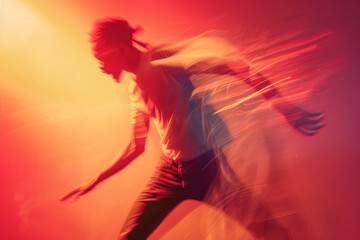 A man is running in a blurry photo with a red background