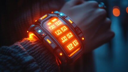 A futuristic smartwatch with a bright orange display worn on a person's wrist.